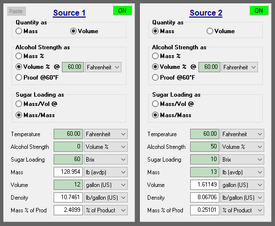 Data entered for Sources 1 snd 2